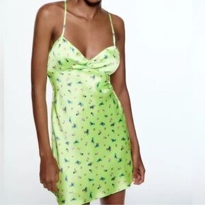 ZARA Floral Lime Green Slip Dress